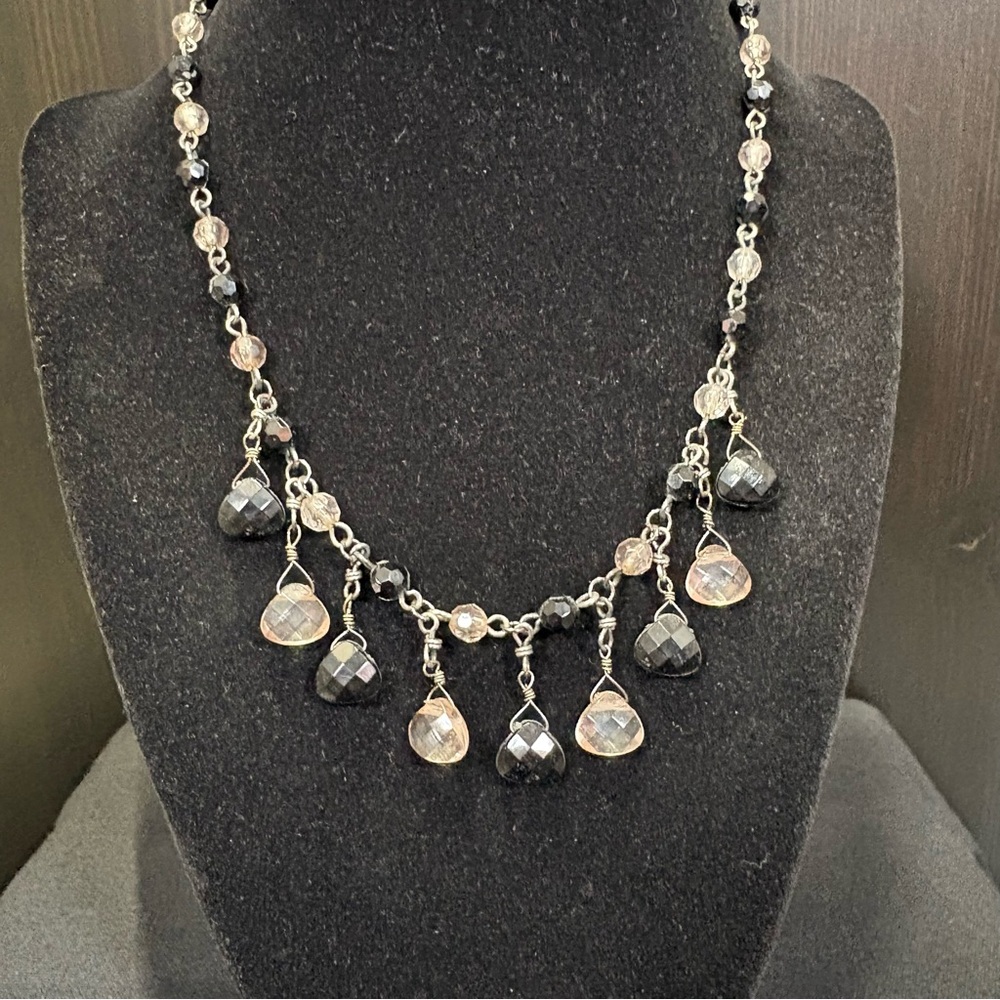 Delicate Black and Clear Beaded Drop Necklace - Picture 4 of 5